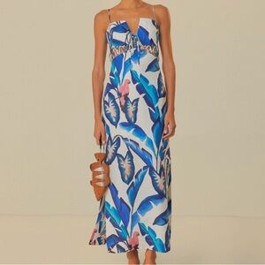 FARM Rio NWT Blue Foliage Off-White Maxi Dress